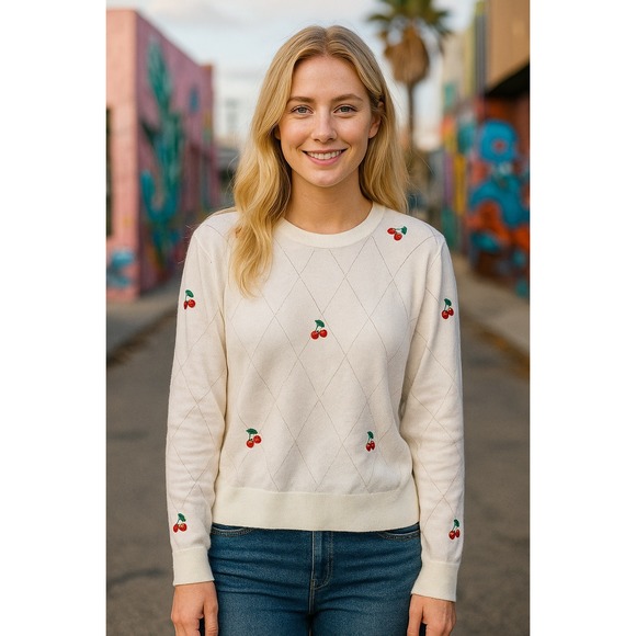 KULECherry On Top Sweater Womens Large White Lightweight...